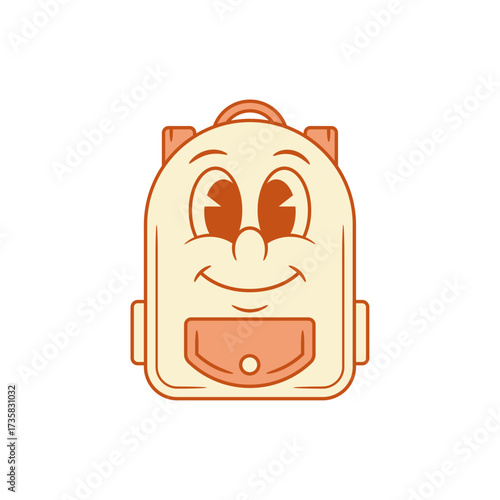 Happy smiling schoolbag back to school cartoon character vector flat illustration. Cheerful cute comic backpack bag student studying education minimalist monochrome positive mascot