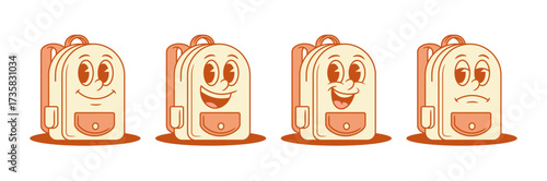 Comic schoolbag back to school cartoon character smile tired set isometric vector illustration. Happy funky sad backpack bag student pupil studying monochrome mascot cute personage