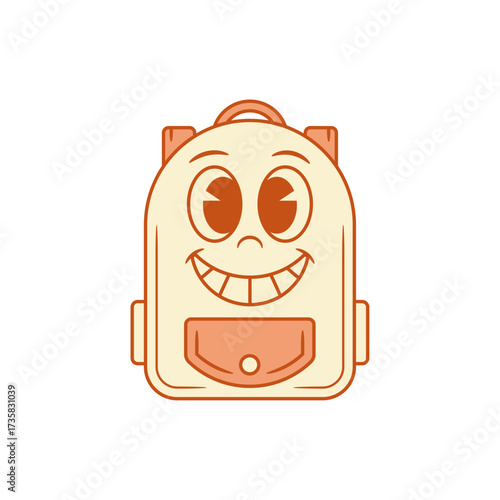 Comic teeth smile schoolbag back to school cartoon character vector flat illustration. Happy cute cheerful backpack bag pupil student studying education minimalist mascot laughing positive personage