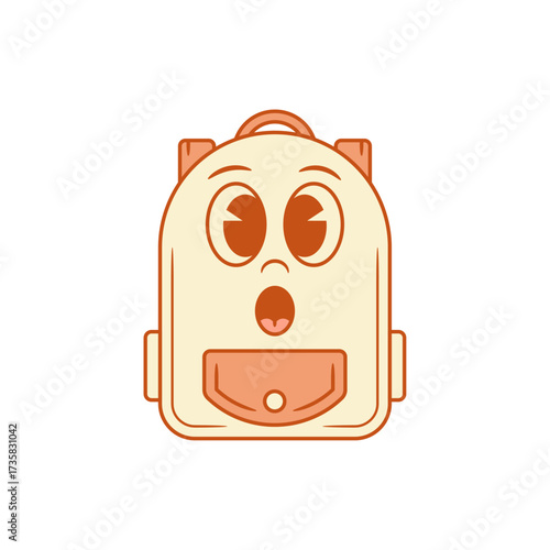 Astonished schoolbag back to school cartoon character with open mouth vector flat illustration. Surprised shocked backpack bag student pupil studying education minimalist mascot personage
