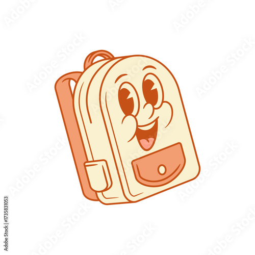 Comic funky schoolbag back to school cartoon character isometric vector illustration. Laughing cheerful adorable smile backpack bag pupil student learning education minimalist mascot positive emotion