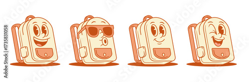 Funny positive schoolbag back to school cartoon character set isometric vector illustration. Happy smiling backpack bag student studying minimalist mascot happy winked smile in sunglasses