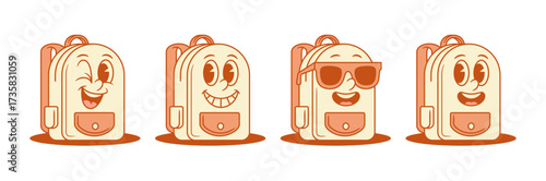 Funny schoolbag back to school cartoon character smiling set isometric vector illustration. Happy smiling backpack bag pupil studying college education minimalist mascot in sunglasses