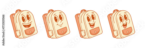 Comic smiling schoolbag back to school cartoon character set isometric vector illustration. Cheerful funky backpack bag student learning minimalist mascot having fun positive emotion