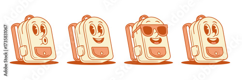 Funky cute schoolbag back to school cartoon character set isometric vector illustration. Happy smiling whistling backpack bag pupil studying minimalist monochrome mascot in sunglasses positive emotion