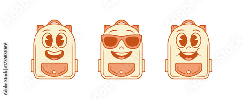 Positive cute schoolbag back to school cartoon character set vector flat illustration. Happy funny comic backpack bag student learning education minimalist monochrome mascot smiling in sunglasses