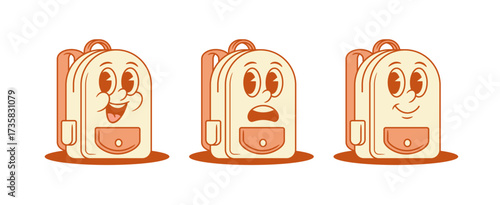 Smile scared schoolbag back to school cartoon character set isometric vector illustration. Happy cheerful cute surprised astonished backpack bag education monochrome minimalist funky comic mascot