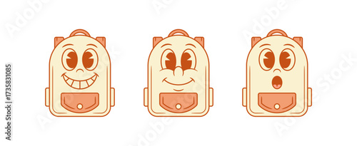 Comic schoolbag back to school cartoon character smile surprise set vector flat illustration. Funny cheerful smiling backpack bag pupil learning education monochrome mascot astonished shocked happy