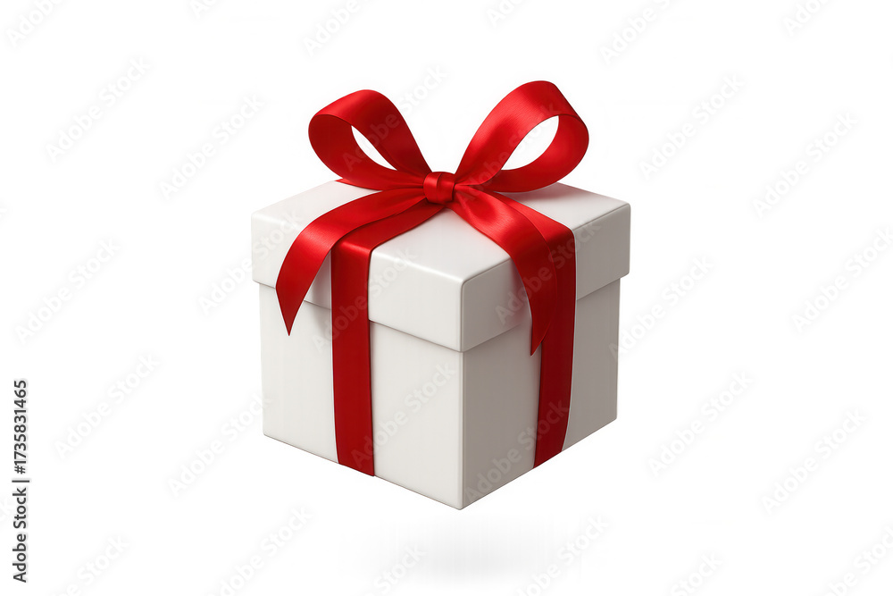 Fototapeta premium White gift box with red ribbon and bow, symbolizing celebration, holiday, and special event surprise