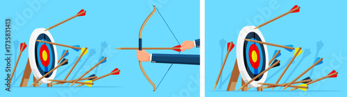 Man in suit holding a bow and aiming at a target. Business goal setting and achievement concept. Many arrows missed the bullseye.