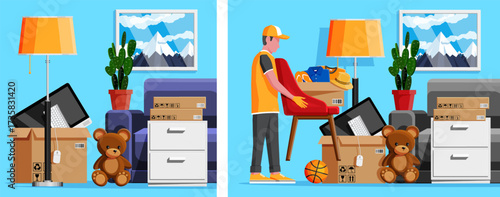 Moving day concept with a man unpacking boxes of household items in a new apartment. Home relocation business. Flat style.