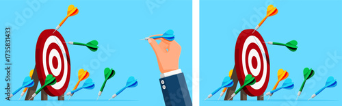Man's hand aiming dart at target board. Business strategy for goal achievement. Marketing concept for success.