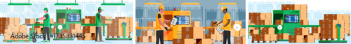 Male warehouse worker moving cardboard box with pallet jack. Logistical operations in distribution center. Inventory management.