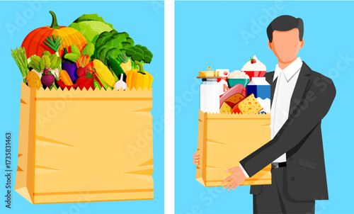Set of man delivering paper bag with grocery food and fresh vegetable products. Online order delivery service. Healthy shopping concept.