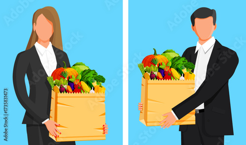 Woman and man holding paper bag from grocery market. Consumer shopping for healthy organic food. Online delivery concept.
