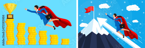 Woman superhero flying in two different scenes. Businesswoman seeking success and reaching goals. Financial achievement and career growth concept.