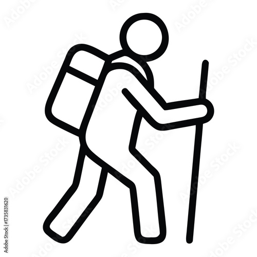 Icon of a hiker with backpack and trekking pole advancing outdoors vector