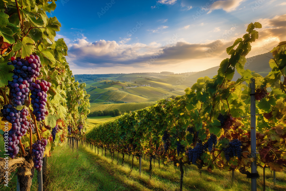 Naklejka premium Picturesque Vineyard Landscape with Rows of Grape Vines and Ripe Purple Grapes under Warm Sunlight in Rolling Hills during Late Afternoon
