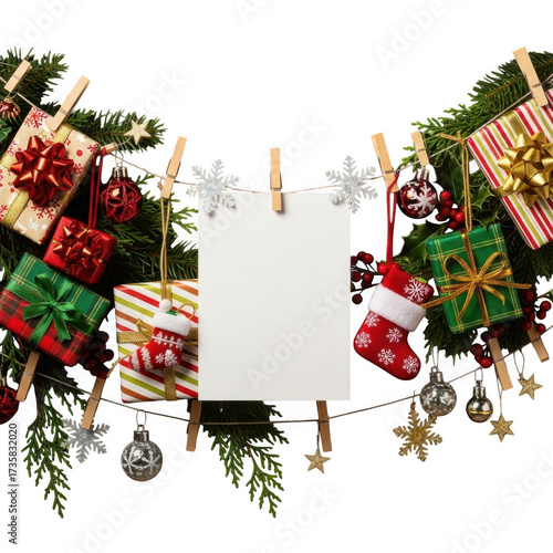 Festive christmas presents and decorations hanging on a string with a blank note isolated on transparent background