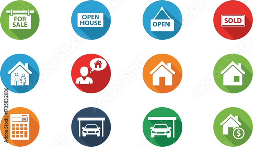 Real estate icons set for sale open house sold home family car