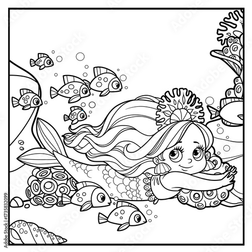 Cute little mermaid girl in coral tiara swims with a flock of fish forward outlined for coloring page isolated on white background