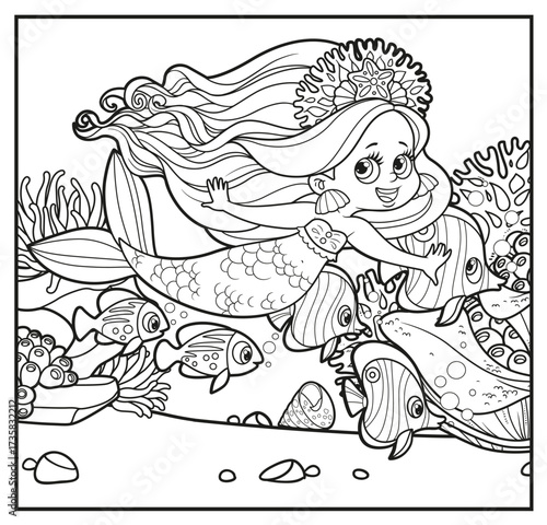 Cute cartoon princess mermaid  on simple square background with the anemones, stones and corals linear drawing for coloring on a white