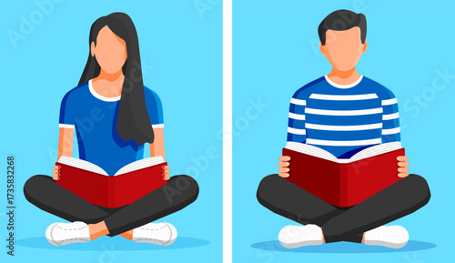 Young woman and man sitting cross-legged and reading book. Education, knowledge, learning, and self-improvement concept for students and readers.