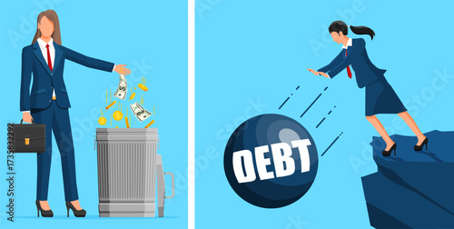 Woman throwing money in trash can next to another woman pushing a debt ball off a cliff, financial risk concept.