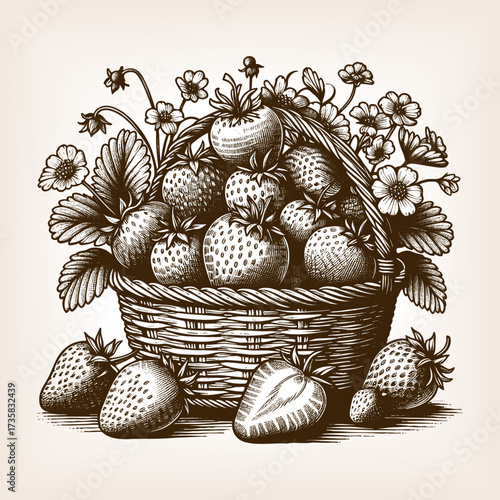 basket full of ripe strawberries and leaves, symbolizing fresh fruit, harvest, and natural produce sketch engraving generative ai vector illustration. Scratch board imitation. Black and white image.