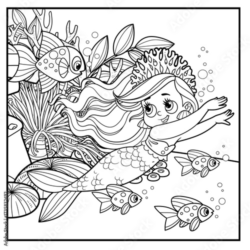 Cute little mermaid girl in coral tiara swims racing with a fishes on undersea background outlined for coloring page isolated on white