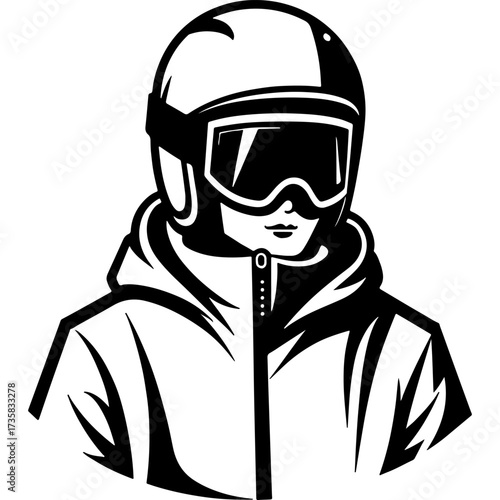 Professional skier sportswoman extreme portrait front view. Engraving minimalistic vector in black ink drawing on transparent background
