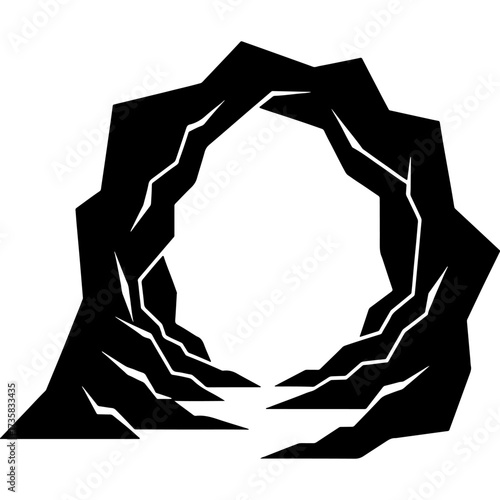 Sketchy emblem of entrance to a network of mountain tunnels and caves. Engraving minimalistic vector in black ink drawing on transparent background