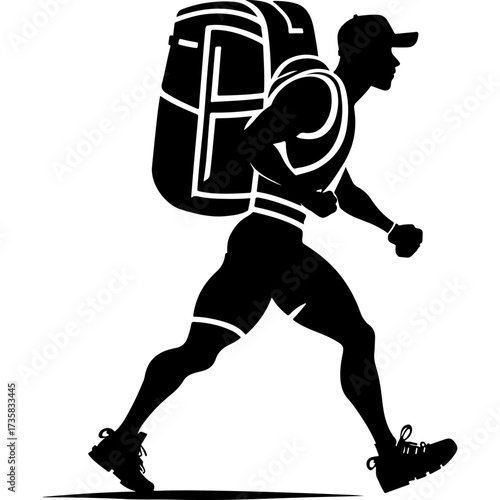 Sketchy sport emblem of a strong professional climber moves forward along the route with a confident gait in monochrome. Engraving minimalistic vector in black ink drawing on transparent background