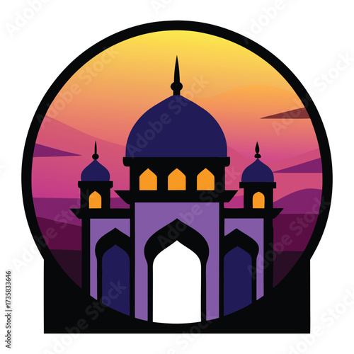 Stylized islamic mosque with domes and minarets silhouetted against a vibrant sunset sky with warm orange and purple hues evoking a sense of peace and spirituality