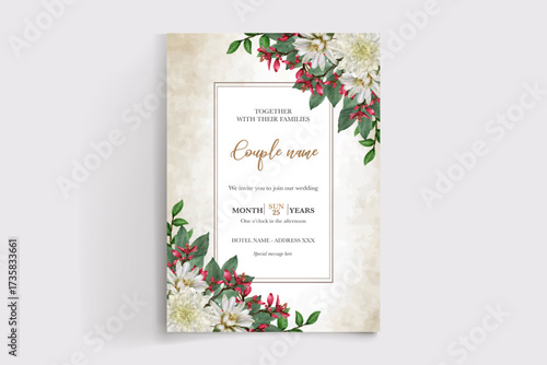 WEDDING INVITATION FRAME WITH FLOWER DECORATIONS AND FRESH LEAVES