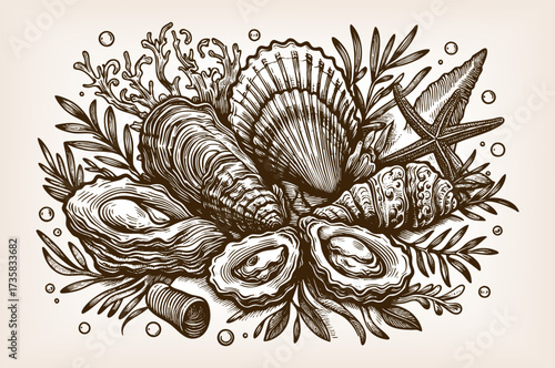 oysters with open and closed shells, symbolizing seafood, ocean harvest, and gourmet culinary delicacies sketch engraving generative ai vector illustration. Scratch board imitation. Black and white.