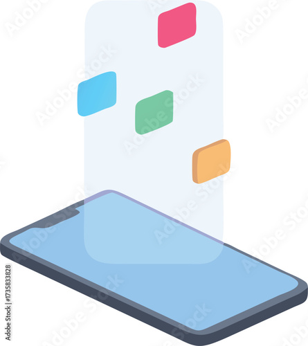 Modern smartphone displaying colorful abstract floating elements representing digital information transfer and data visualization in a clean isometric perspective