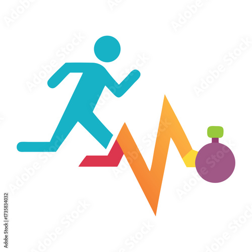 Abstract illustration of a running figure superimposed on a vibrant electrocardiogram line with a stopwatch symbolizing health fitness and active lifestyle