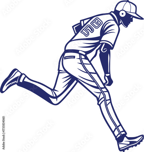 Baseball Player Running Action Vector Illustration: Dynamic Monochrome Athlete Sport Logo or Mascot Design

