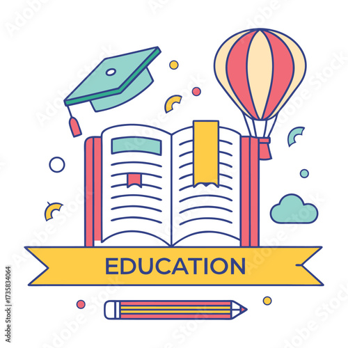 Open book with graduation cap and hot air balloon symbolizing education and learning journey with pencil and ribbon