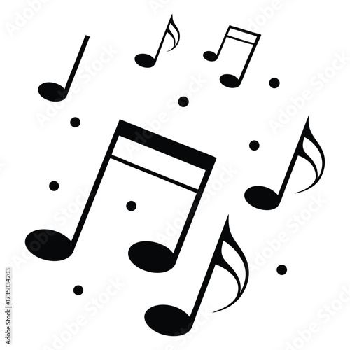 Abstract musical notes and dots arranged in a dynamic composition representing sound and melody in a simple black and white illustration