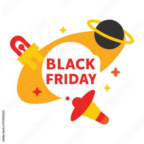 Creative black friday sale announcement featuring a stylized rocket ship with a planet and megaphone illustration for cosmic deals and out of this world savings