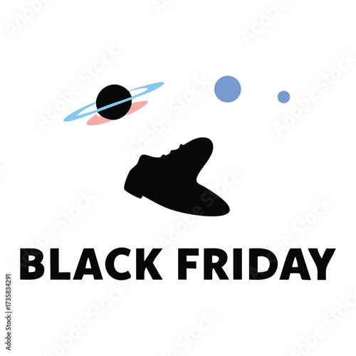 Black friday sale concept featuring a black silhouette of a sneaker floating among stylized planets and celestial bodies against a white background