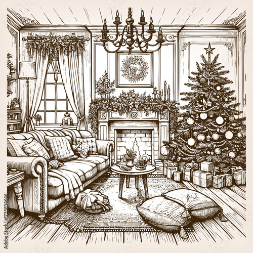 decorated Christmas tree beside a fireplace with stockings, garlands, and wrapped presents in a cozy room sketch engraving generative ai vector illustration. Scratch board. Black and white image.