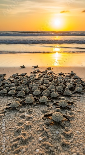 Sea Turtles Hatching on Beach at Sunrise.