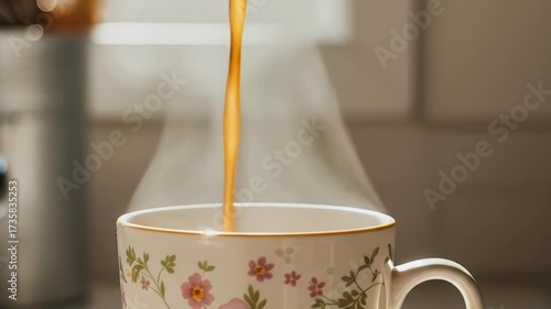 Hot coffee being poured into a decorative mug with steam rising.