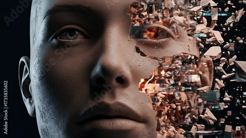 Human face dissolving into digital fragments representing artificial intelligence and technology.
