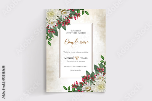 WEDDING INVITATION FRAME WITH FLOWER DECORATIONS AND FRESH LEAVES
