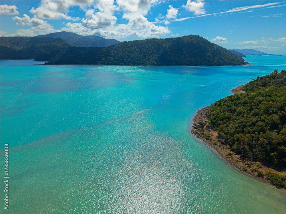 Fototapeta premium Aerial Drone View of Tropical Queensland Beach, Ocean Waves, Island Coastline and Shoreline - Scenic Coastal Landscape, Clear Blue Water, Australia Nature, Travel, Tourism, QLD