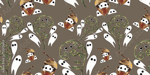 A seamless repeat pattern featuring an alternating arrangement of acorn illustrations that reveal ghostly faces and fiddlehead fern illustrations that have eyes in their curl. Multiple simple white gh